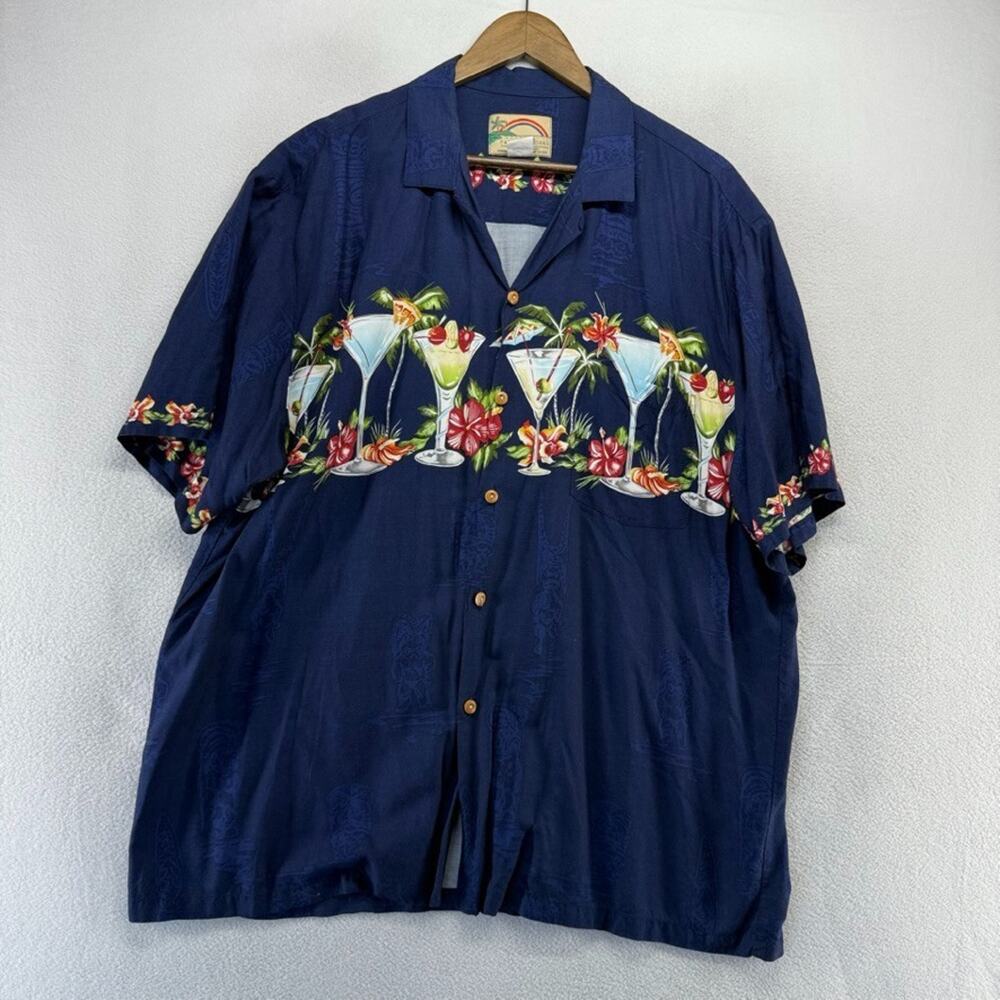 Vintage Paradise Found Hawaiian Shirt Mens XL Blue Rayon Made in Hawaii Cocktail